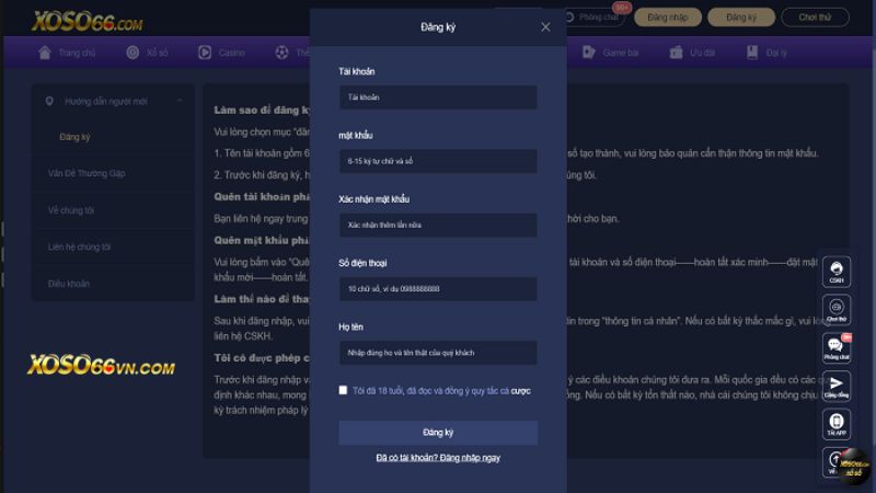 Form đăng ký tài khoản chơi tài xỉu online Xoso66
